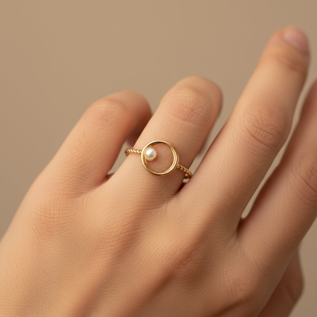 Anillo de Oro 14k Solitario de Perla Natural y Cuerda Fina mod. 9983