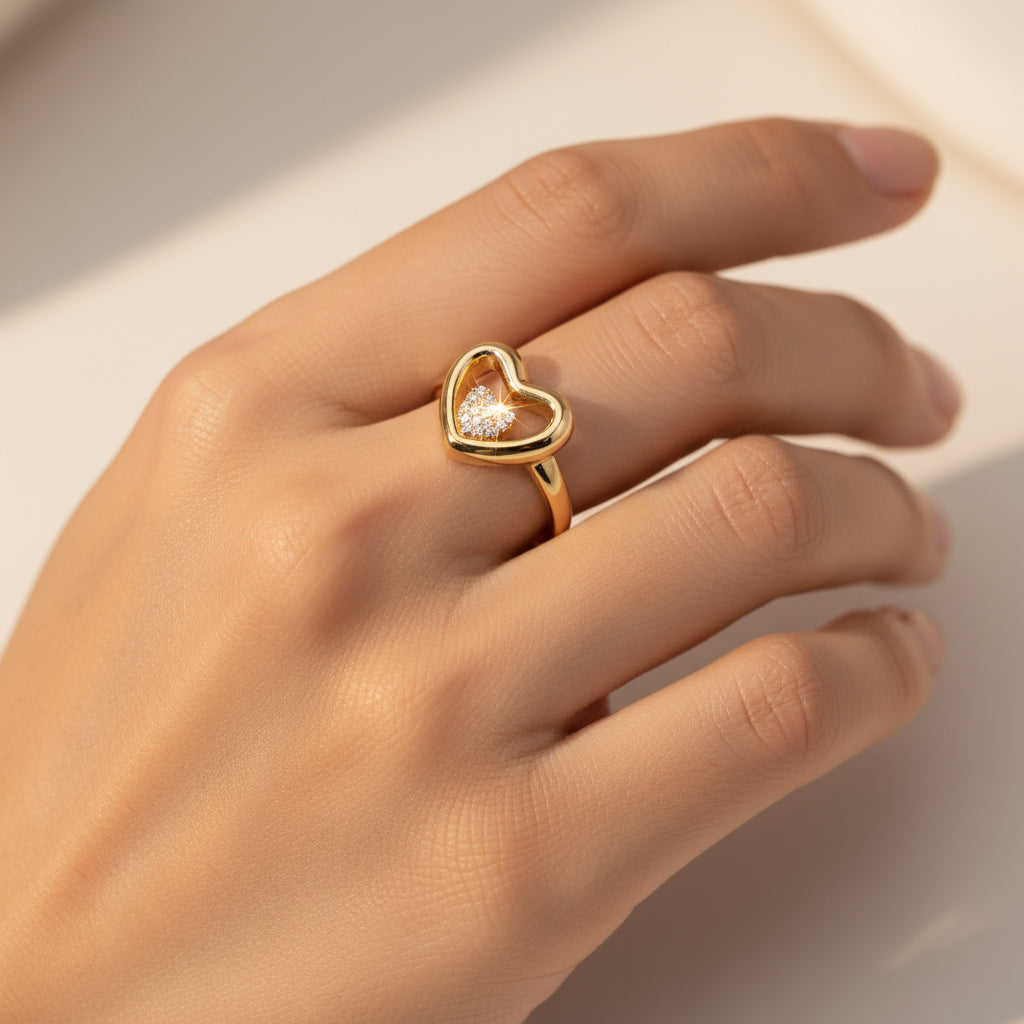 Anillo de Oro 14k Diseño de Doble Corazón con Incrustado de Zirconias mod. 9980