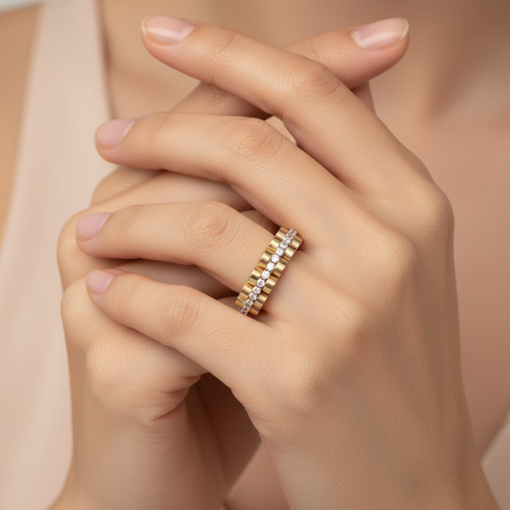 Anillo de Oro 14k Tejido Ensamblado Flexible con Incrustado de Zirconias mod. 9971