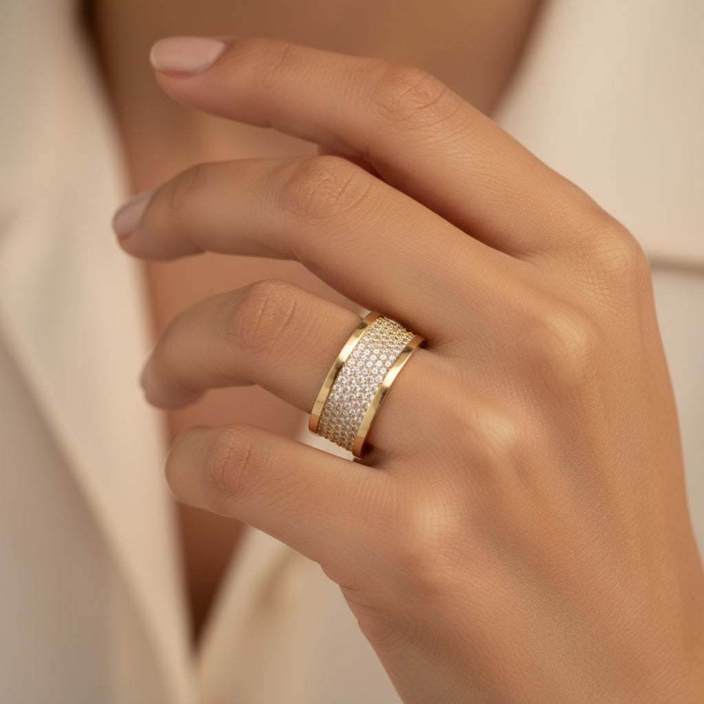 Anillo de Oro 14k Pavé de Zirconias en Dos Niveles mod. 9961