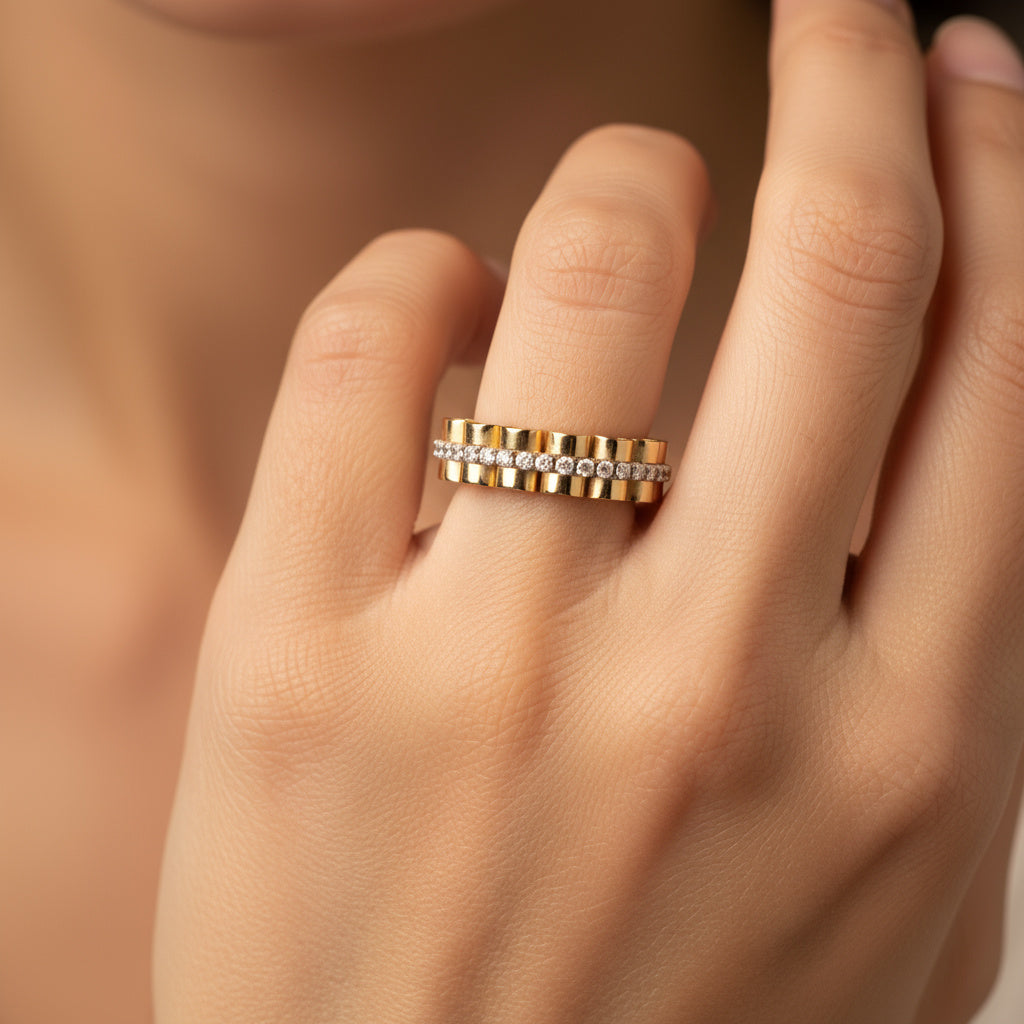 Anillo de Oro 14k Tejido Ensamblado Flexible con Incrustado de Zirconias mod. 9971