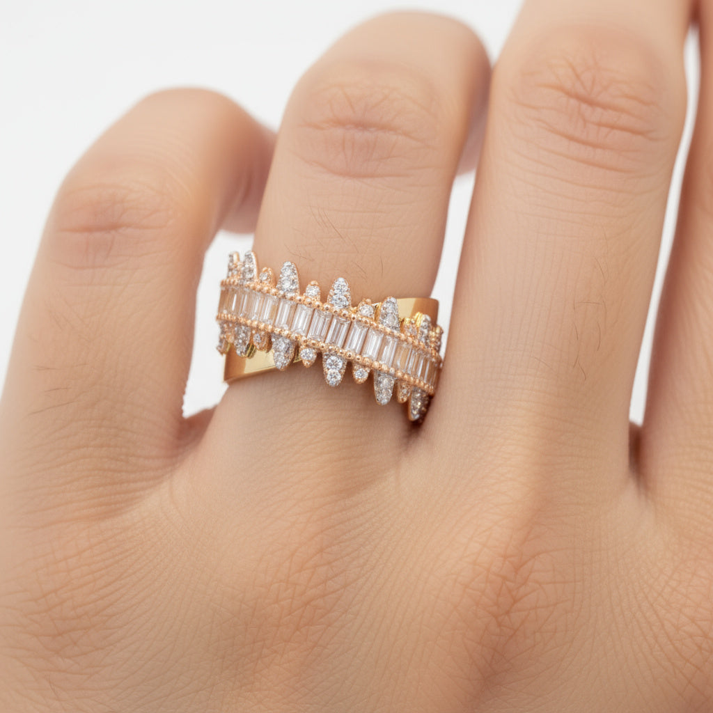 Anillo de Oro 14k Florentino Diseño Zig Zag con Incrustado de Zirconias mod. 9979