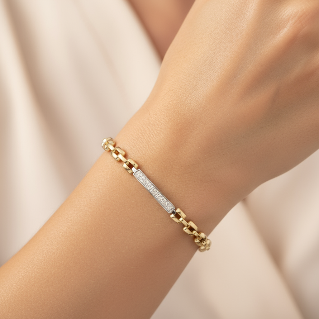 Pulsera de Oro 14k Eslabón Oval y Barras de Zirconias Engastadas mod. 9994