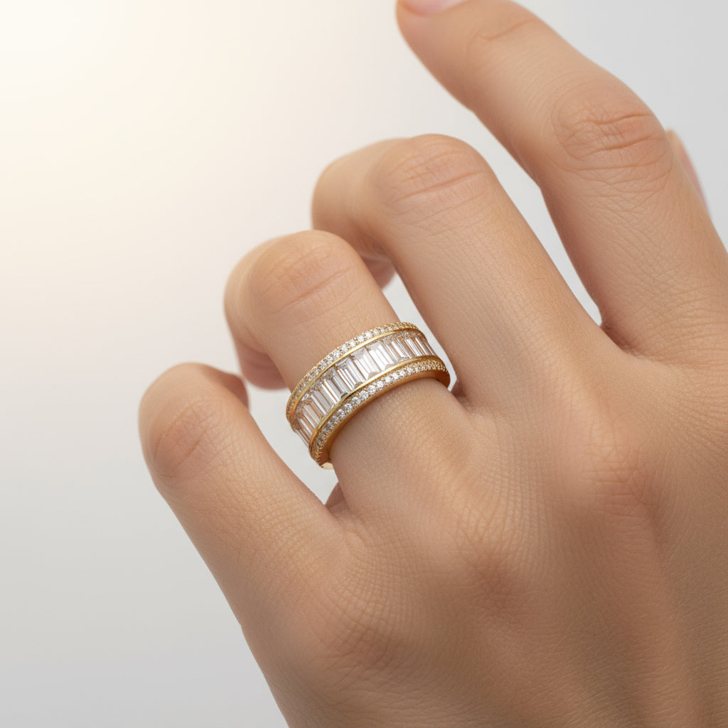 Anillo de Oro 14k con Incrustaciones Finas y Zirconias Baguette mod. 9954