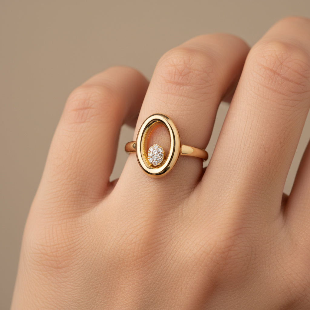 Anillo de Oro 14k Diseño de Doble Óvalo con Incrustado de Zirconias mod. 9982