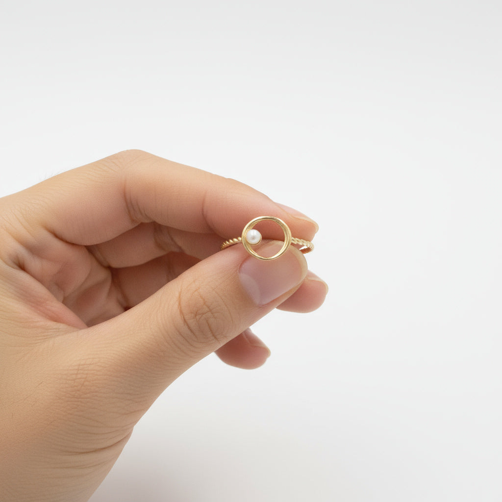 Anillo de Oro 14k Solitario de Perla Natural y Cuerda Fina mod. 9983