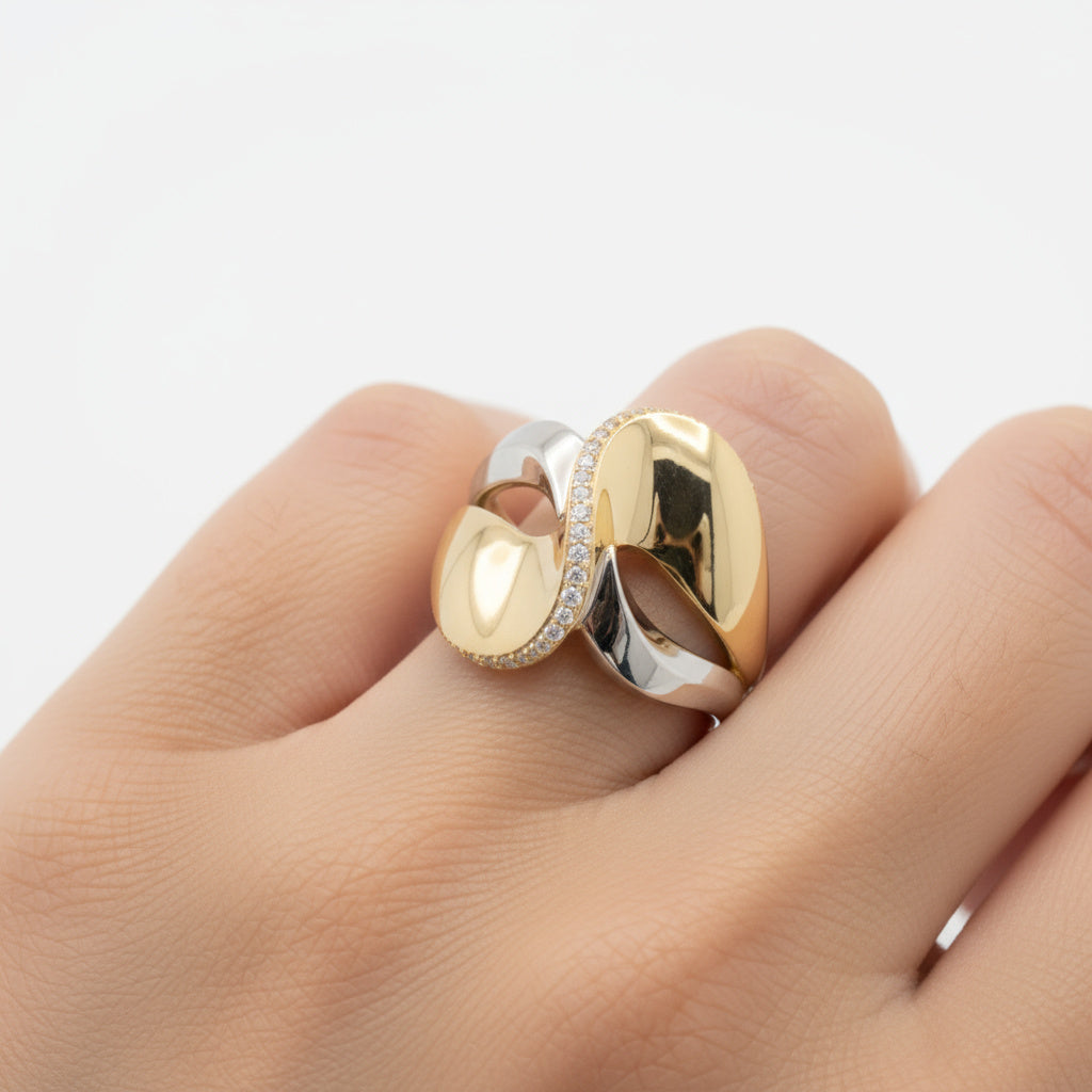 Anillo de Oro 14k Diseño Especial Cruzado con Banda de Zirconias Finas mod. 9990