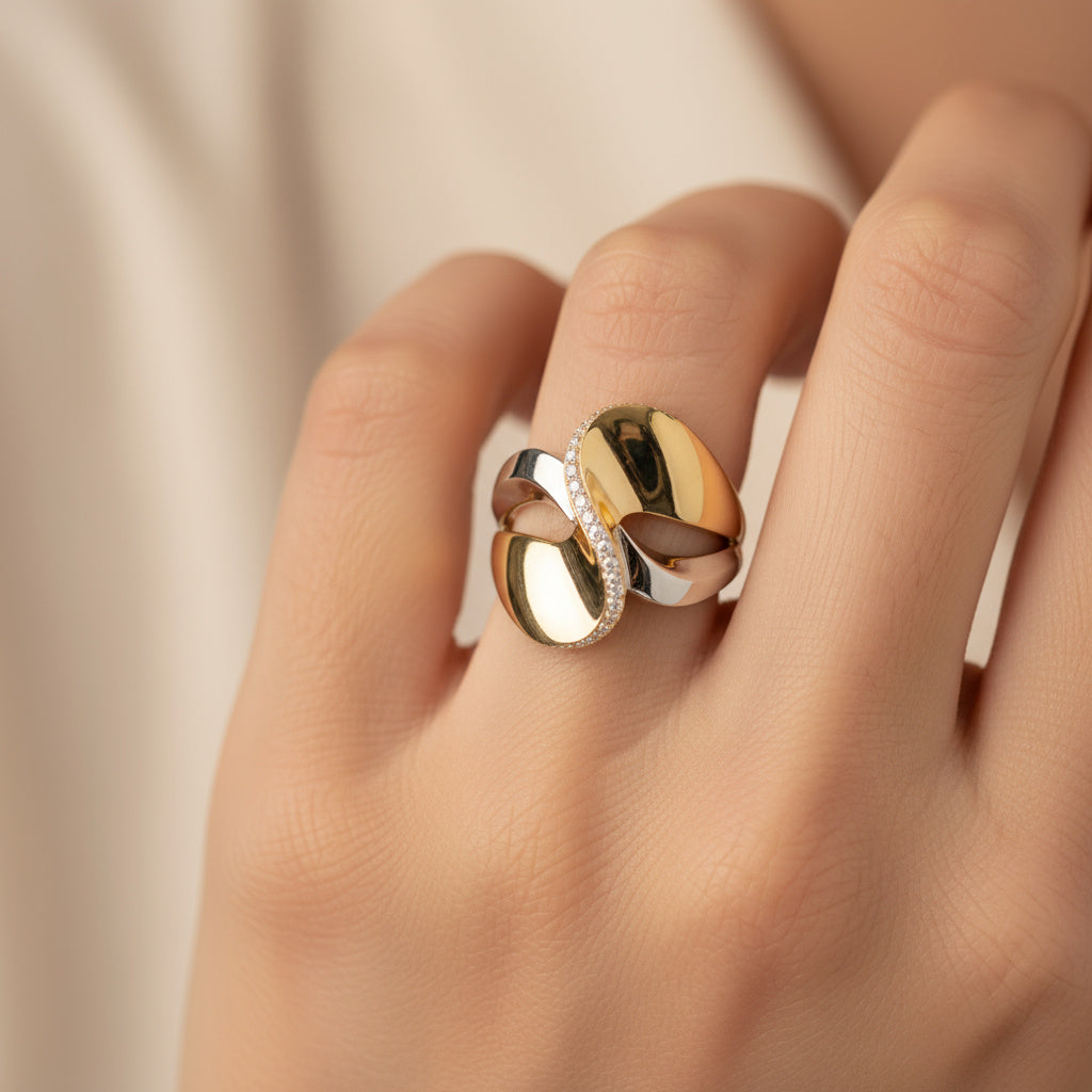 Anillo de Oro 14k Diseño Especial Cruzado con Banda de Zirconias Finas mod. 9990