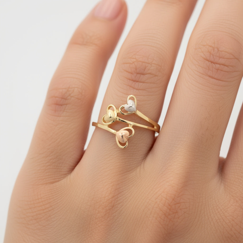 Anillo de Oro 14k Florentino con Diseño de Triple Corazón mod. 9978
