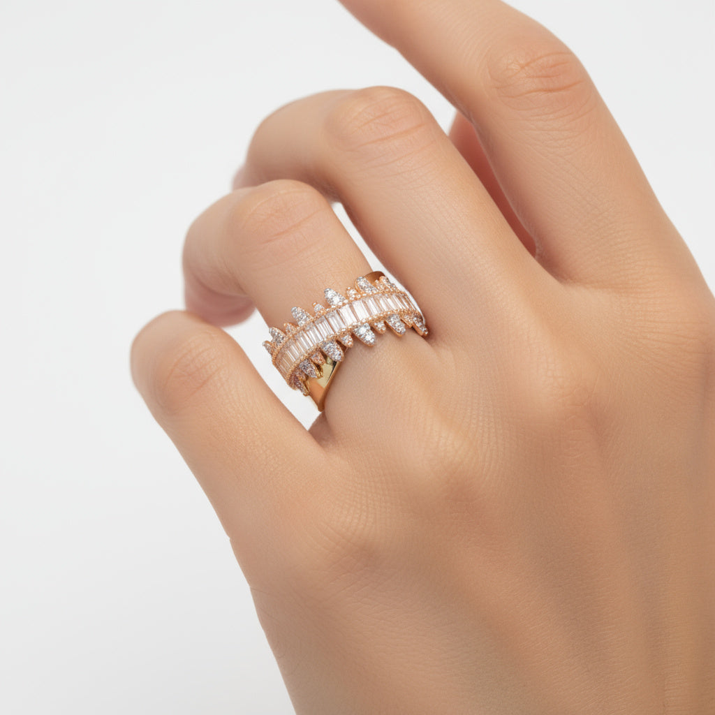 Anillo de Oro 14k Florentino Diseño Zig Zag con Incrustado de Zirconias mod. 9979