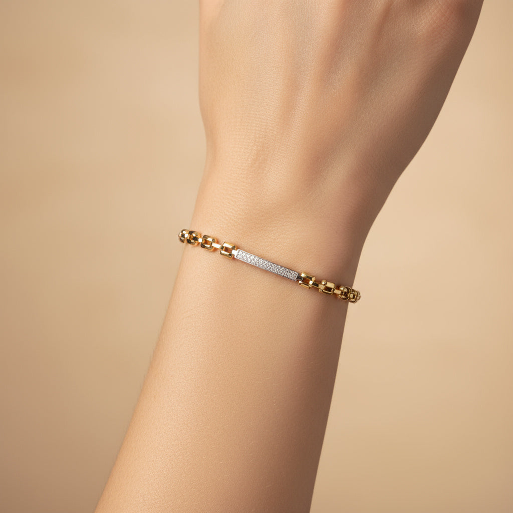 Pulsera de Oro 14k Eslabón Oval y Barras de Zirconias Engastadas mod. 9994