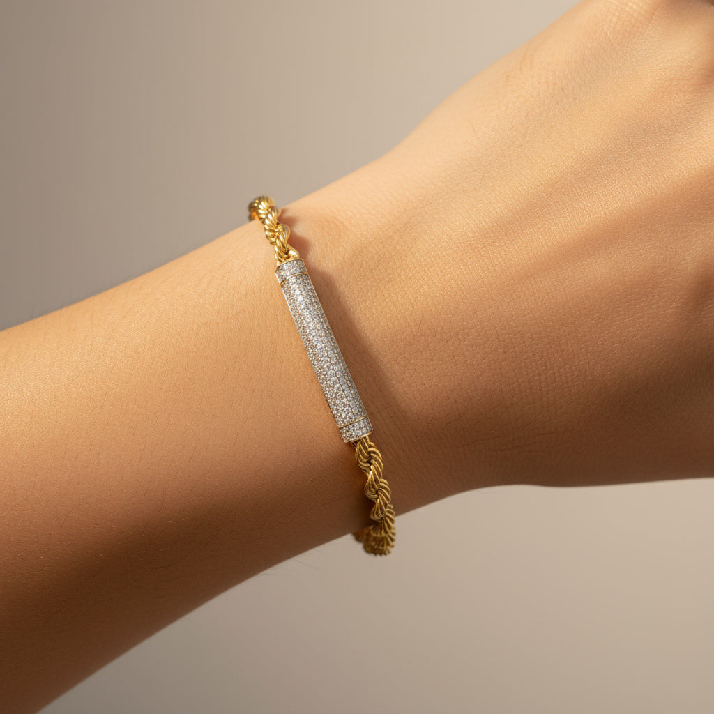 Pulsera de Oro 14k Torzal con Cilindro de Pavé de Zirconias mod. 9993