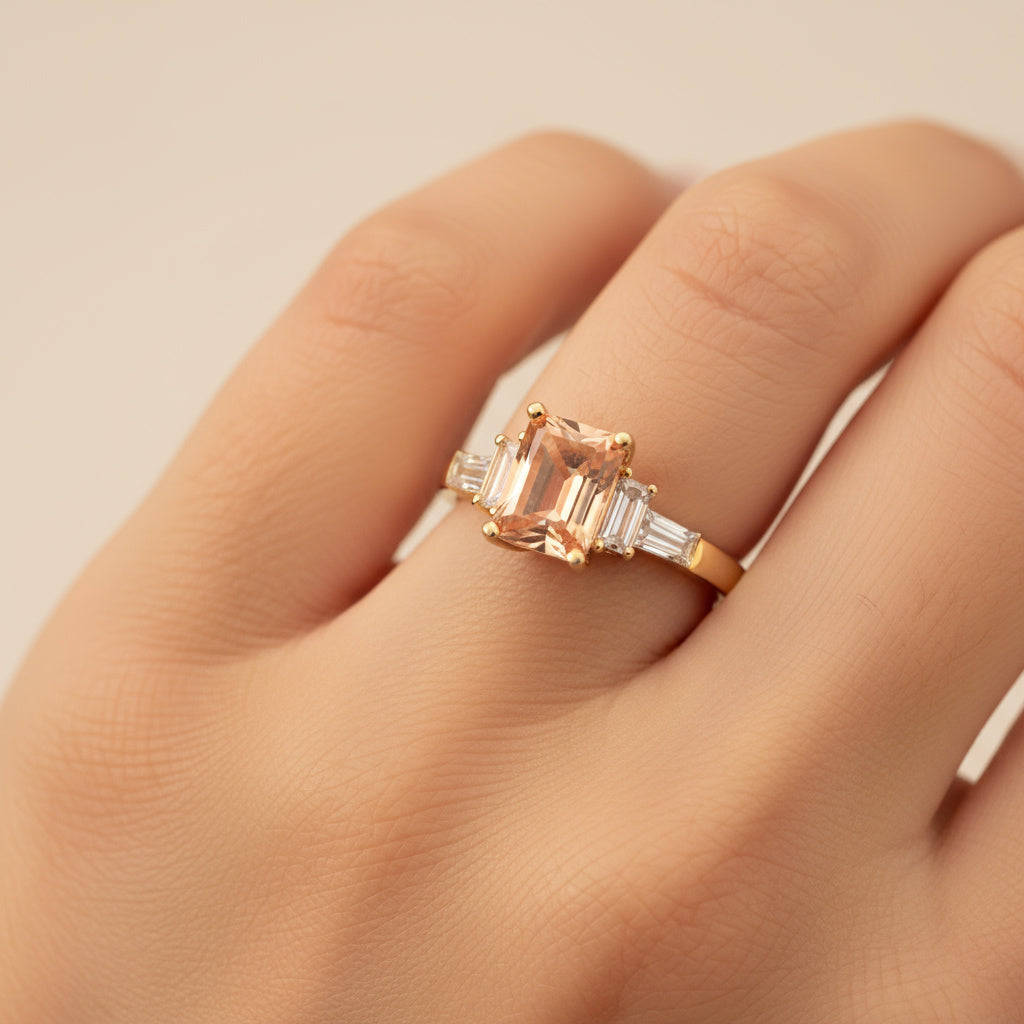 Anillo de Oro 14k Zirconia Cuadrada Color Naranja y Blanco mod. 9940