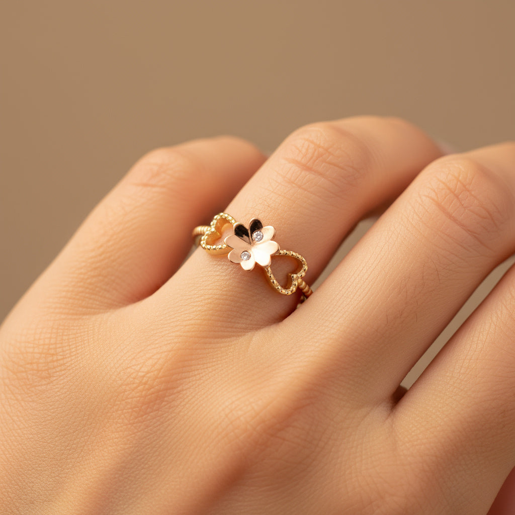 Anillo de Oro 14k Diseño de Trébol y Corazones con Zirconias Brillantes mod. 9943