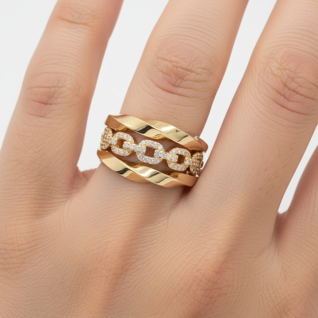 Anillo de Oro 14k Diseño Espiral de Cadena con Incrustado de Zirconia mod. 9941