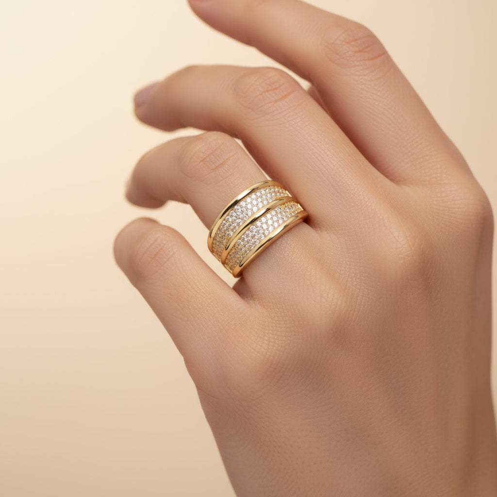 Anillo de Oro 14k Pavé de Zirconias en Tres Niveles mod. 9944