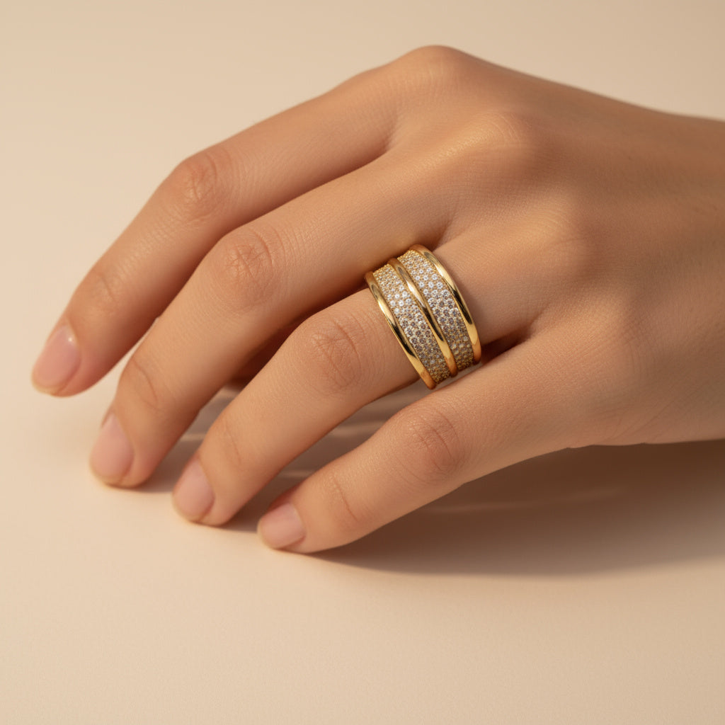 Anillo de Oro 14k Pavé de Zirconias en Tres Niveles mod. 9944