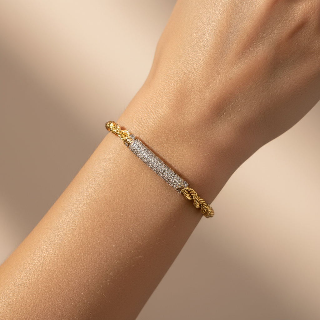 Pulsera de Oro 14k Torzal con Cilindro de Pavé de Zirconias mod. 9993