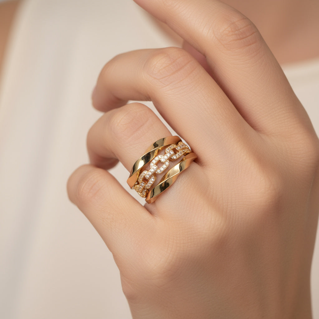 Anillo de Oro 14k Diseño Espiral de Cadena con Incrustado de Zirconia mod. 9941