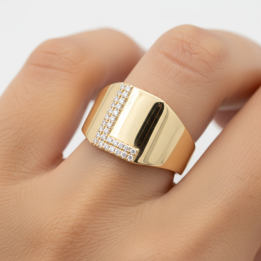 Anillo de Oro 14k Cúpula en Diseño L con Incrustado de Zirconias mod. 9992