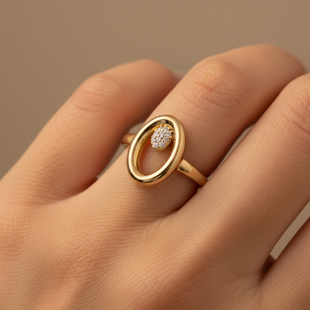 Anillo de Oro 14k Diseño de Doble Óvalo con Incrustado de Zirconias mod. 9982