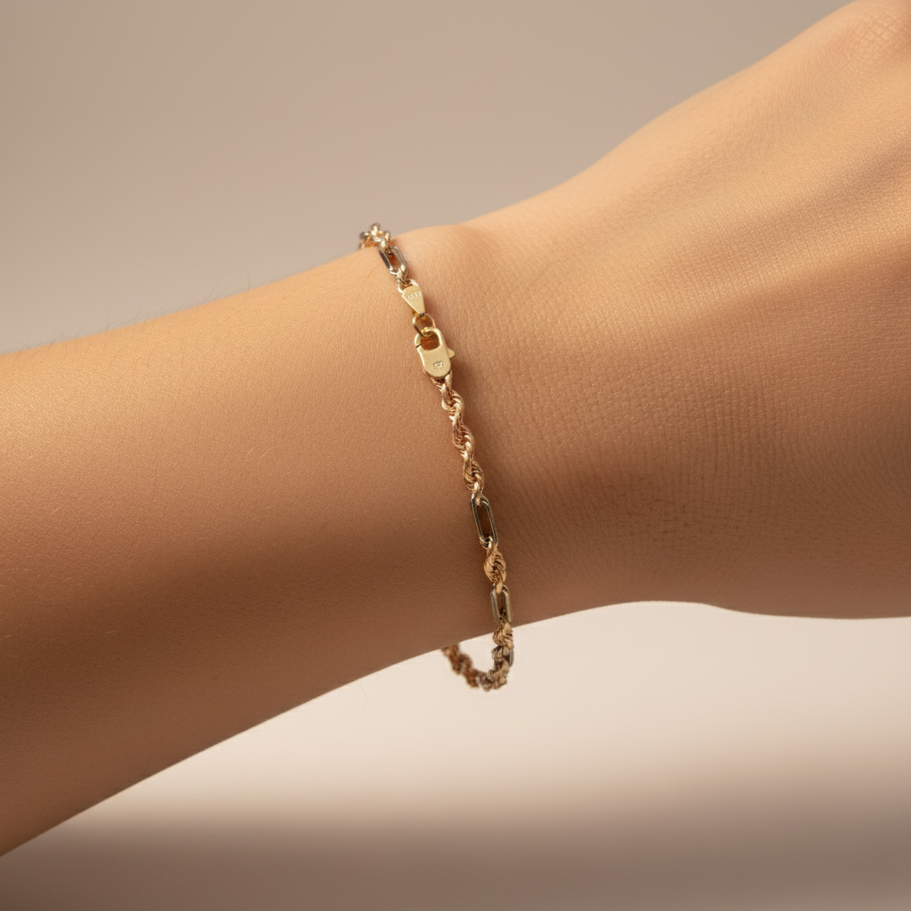 Pulsera de Oro 14k Florentino con Diseño Torzal y Eslabón Naval mod. 9999