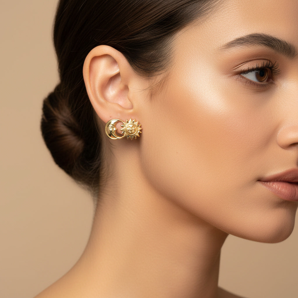 Arete de Oro 14k con Diseño de Sol y Luna mod. 10045