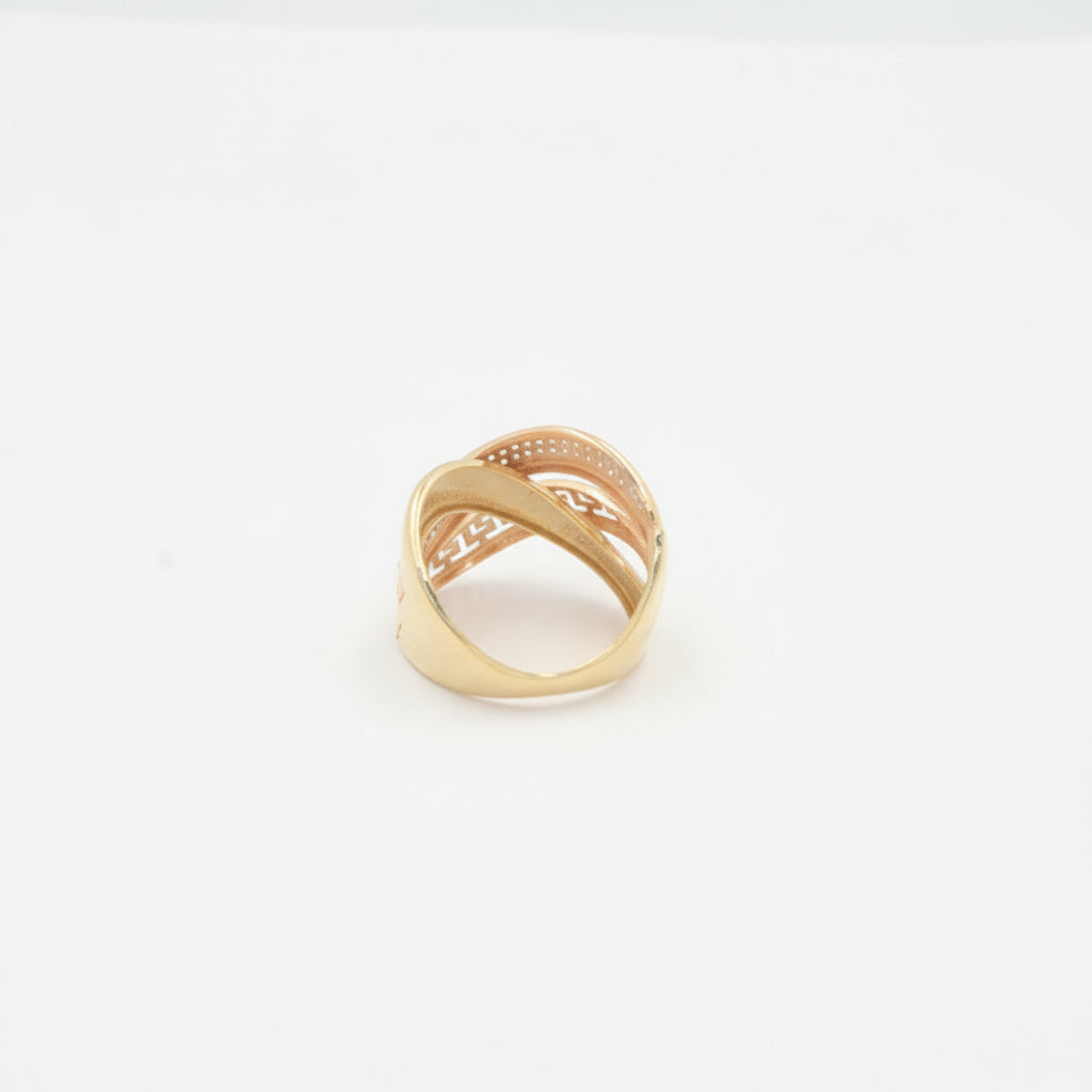 Anillo de Oro 14k Florentino con Diseño de Grecas y Toque de Zirconias mod. 9972