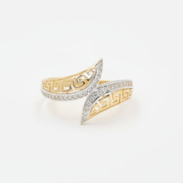 Anillo de Oro 14k Diseño de Grecas en Pico y Toque de Zirconias mod. 9974