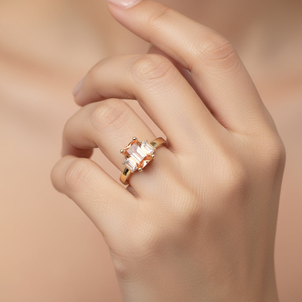 Anillo de Oro 14k Zirconia Cuadrada Color Naranja y Blanco mod. 9940