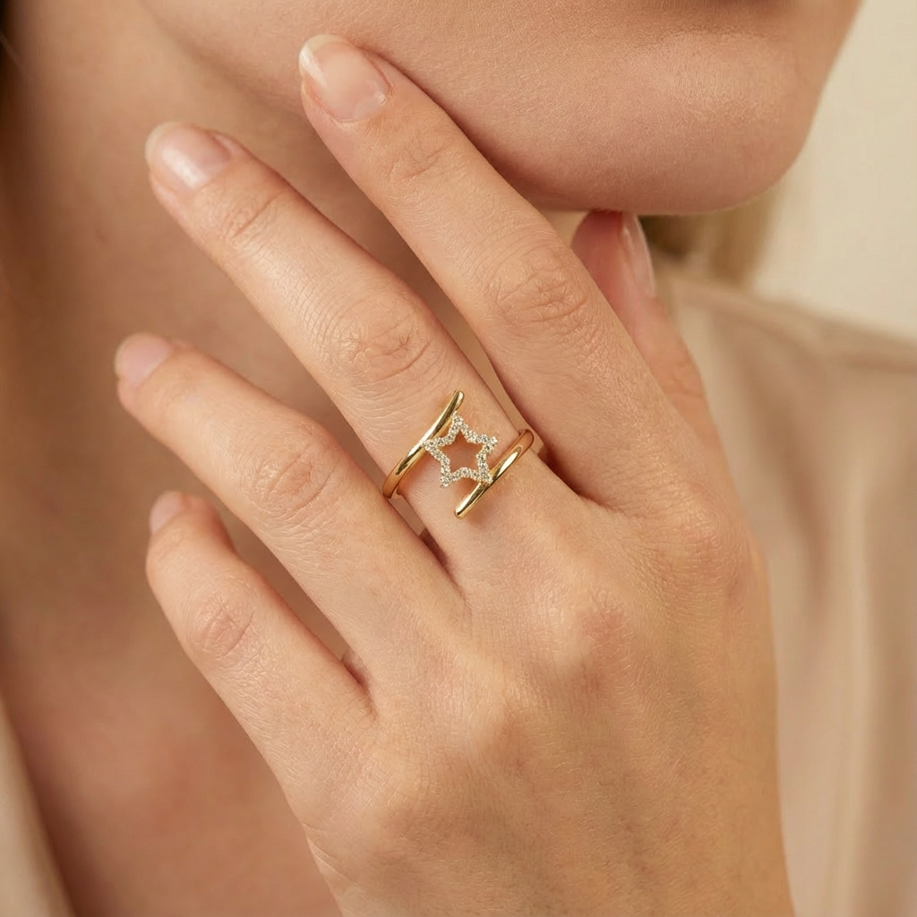 Anillo de Oro 14k Diseño Cruzado con Estrella Incrustado en Zirconias mod. 10393