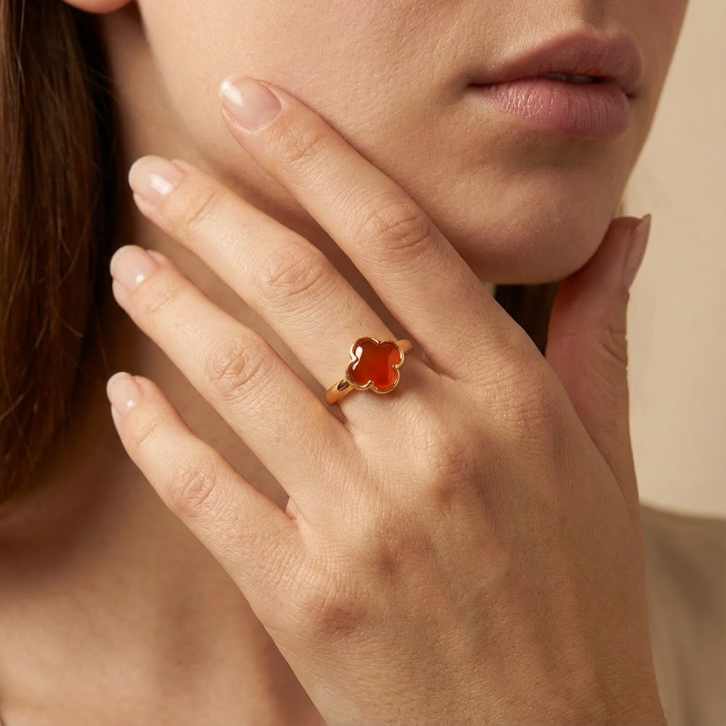 Anillo de Oro 14k Diseño de Flor con Ágata Color Granate mod. 10394