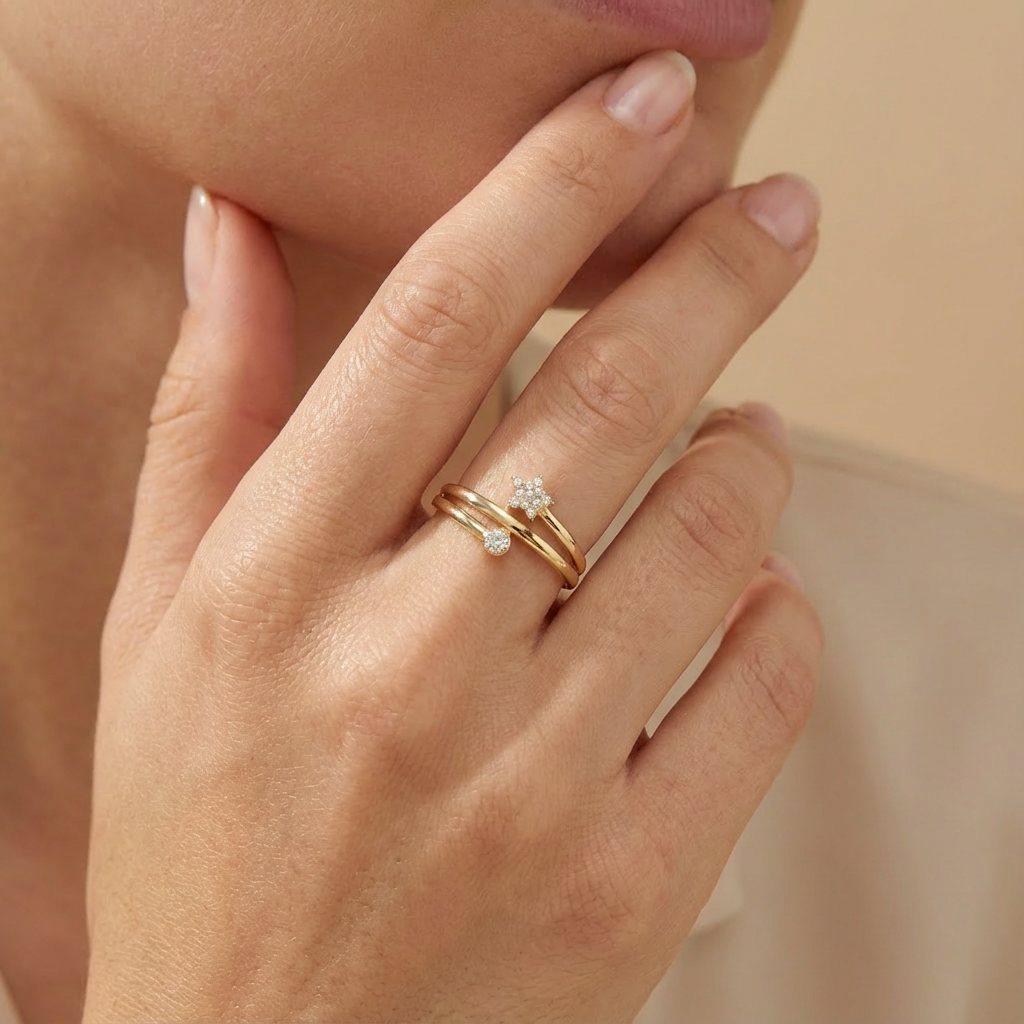 Anillo de Oro 14k Diseño Abierto con Estrella y Zirconia Brillante mod. 10391