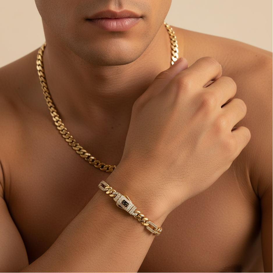 Pulsera Monaco Chain de Oro 14k Modelo Fígaro de Broche Pavé con Incrustación de Swarovski mod. 10159