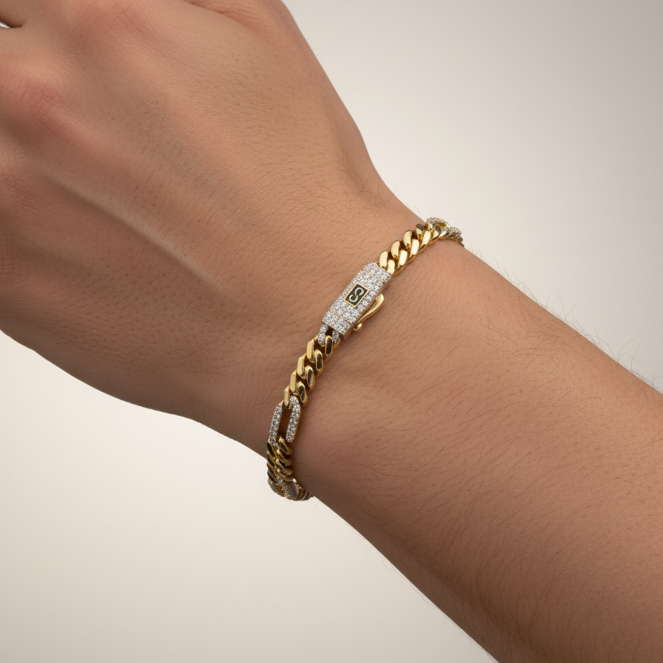 Pulsera Monaco Chain de Oro 14k Modelo Fígaro de Broche Pavé con Incrustación de Swarovski mod. 10159