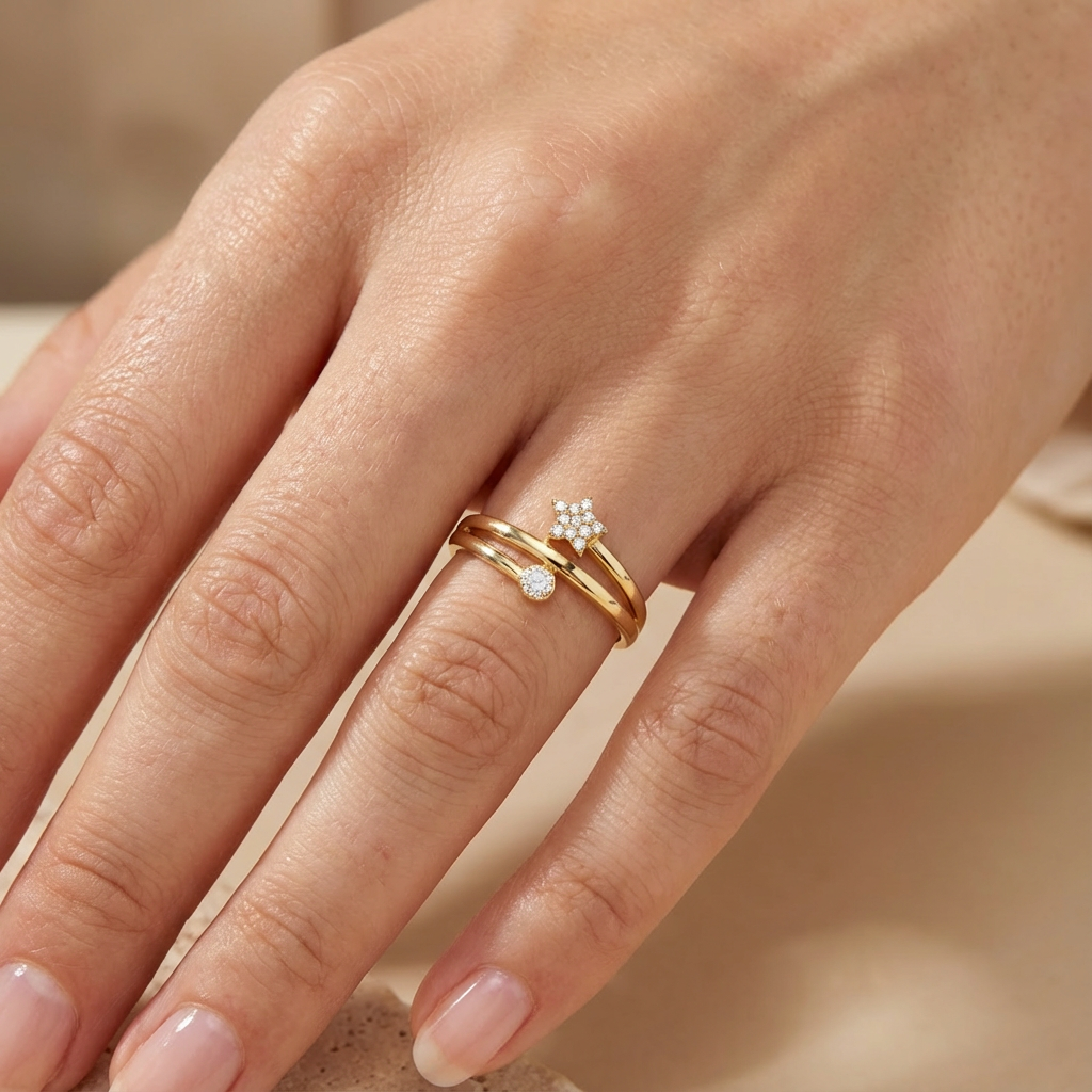 Anillo de Oro 14k Diseño Abierto con Estrella y Zirconia Brillante mod. 10391