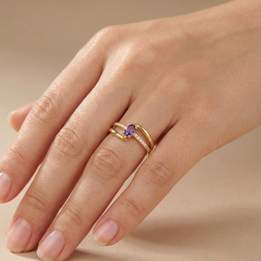 Anillo de Oro 14k Diseño Cruzado con Zirconia Morada Oval y Carril de Zirconias mod. 10388