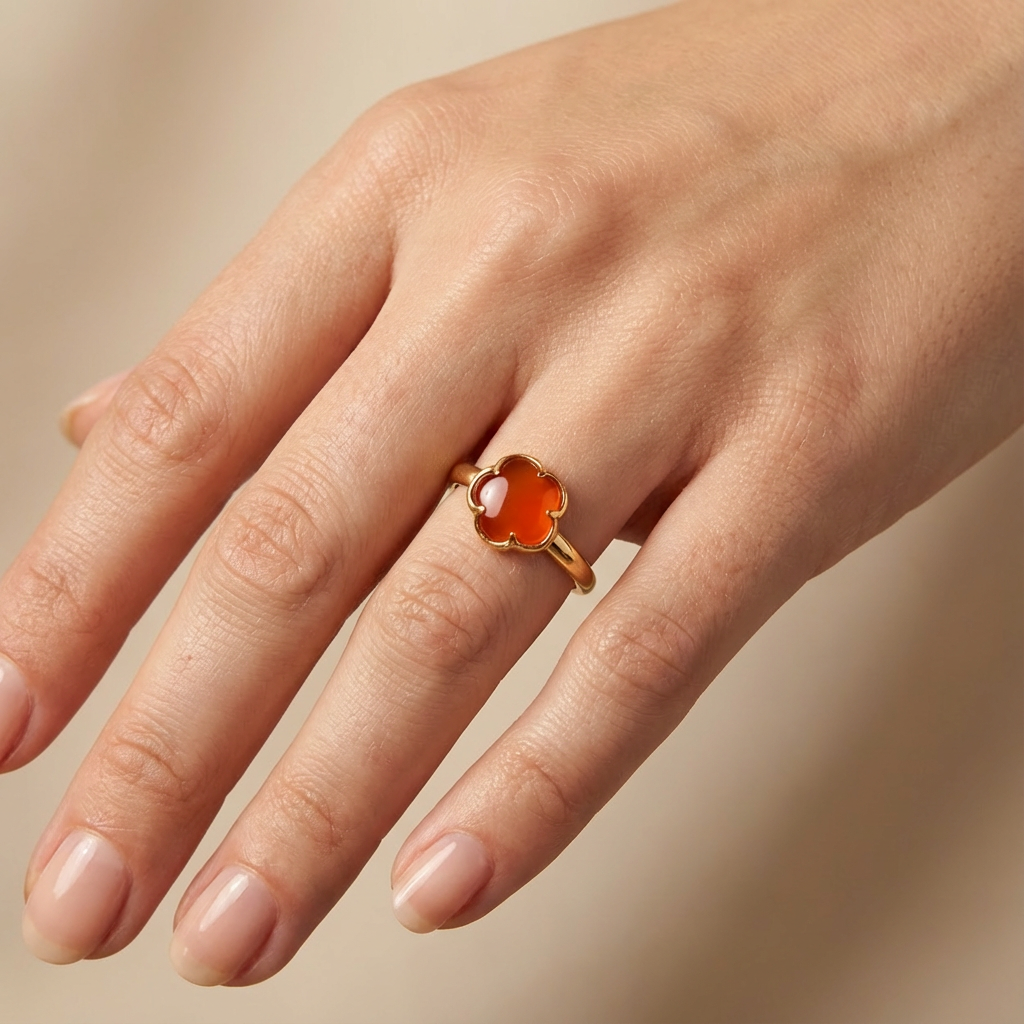Anillo de Oro 14k Diseño de Flor con Ágata Color Granate mod. 10394