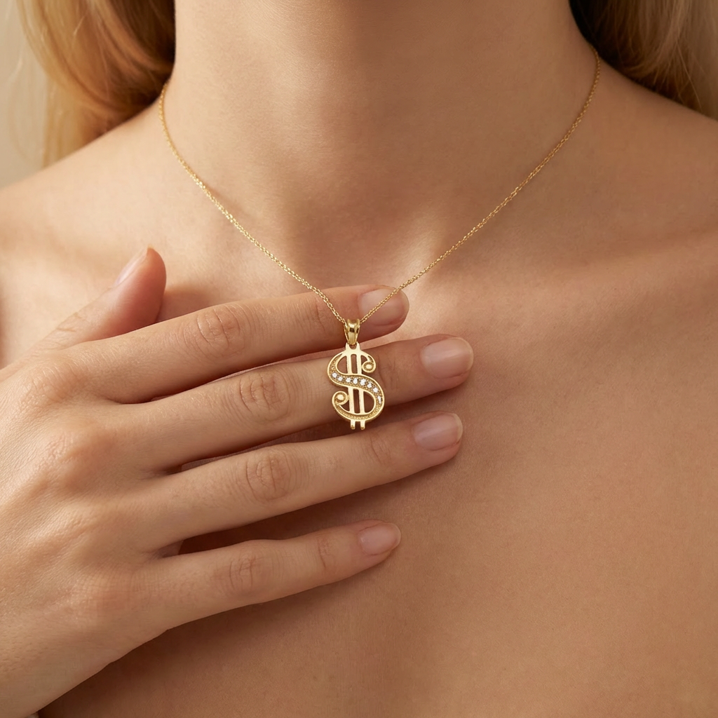 Dije de Oro 14k Signo de Dollares Incrustado con Zirconias mod. 10497