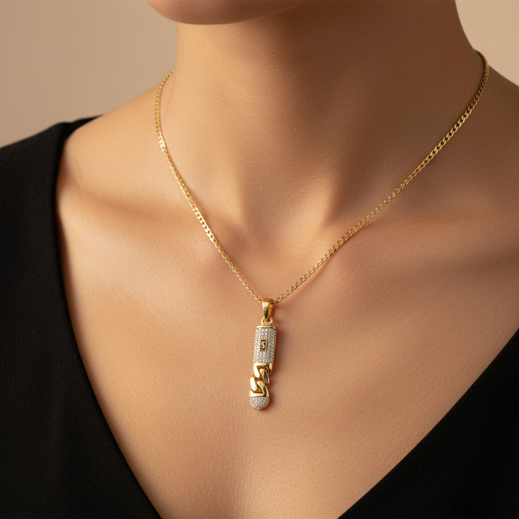 Dije de Oro 14k Diseño Monaco Chain Incrustado con Swarovski mod, 10080