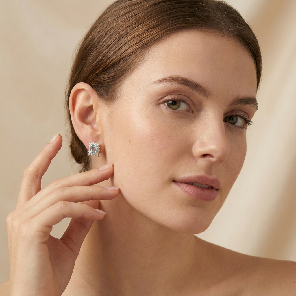 Arete de Oro 14k con Zirconia Rectangular Color Azul y Biselado Brillante mod. 10430