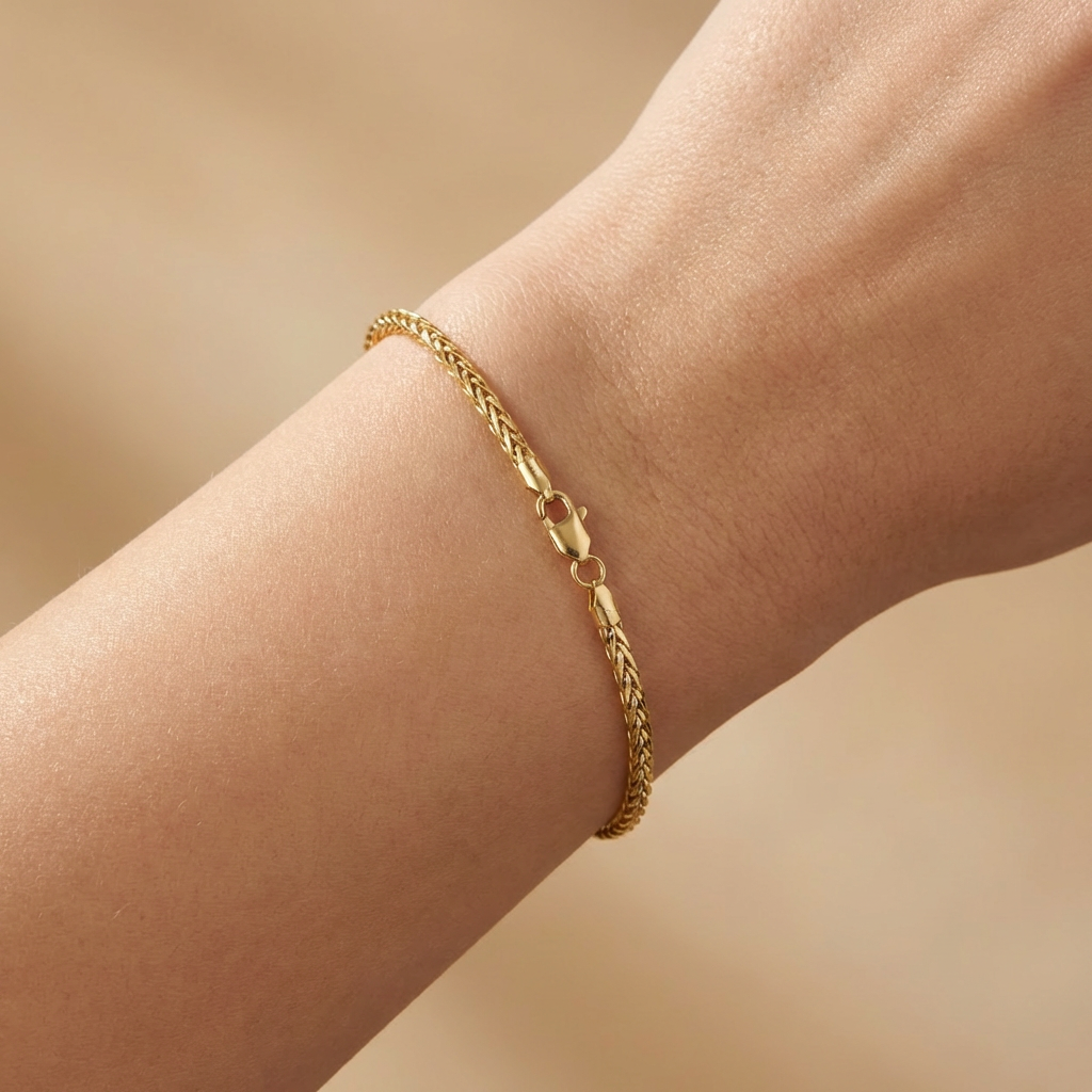 Pulsera Eslabón de Oro 14k Tejido de Espiga Semi Hueca y Brillante mod. 10524