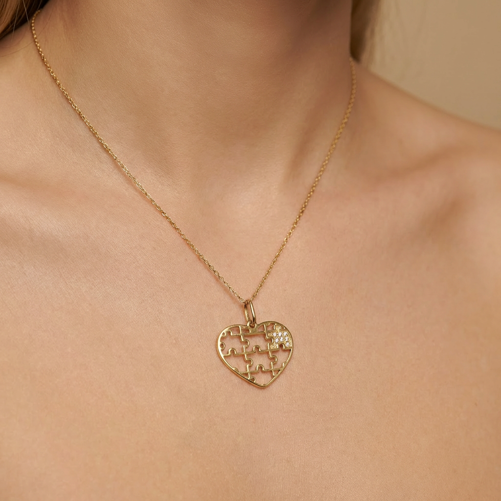 Dije de Oro 14k Corazón Rompecabeza con Pieza de Zirconias Finas mod. 10515