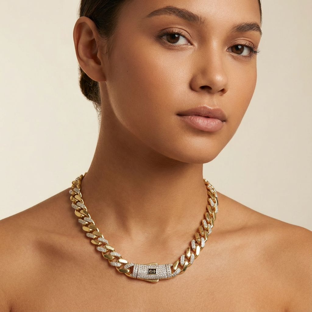 Cadena Monaco Chain de Oro 14k Hueco Modelo Classic Alt Pavé Swarovski mod. 10365