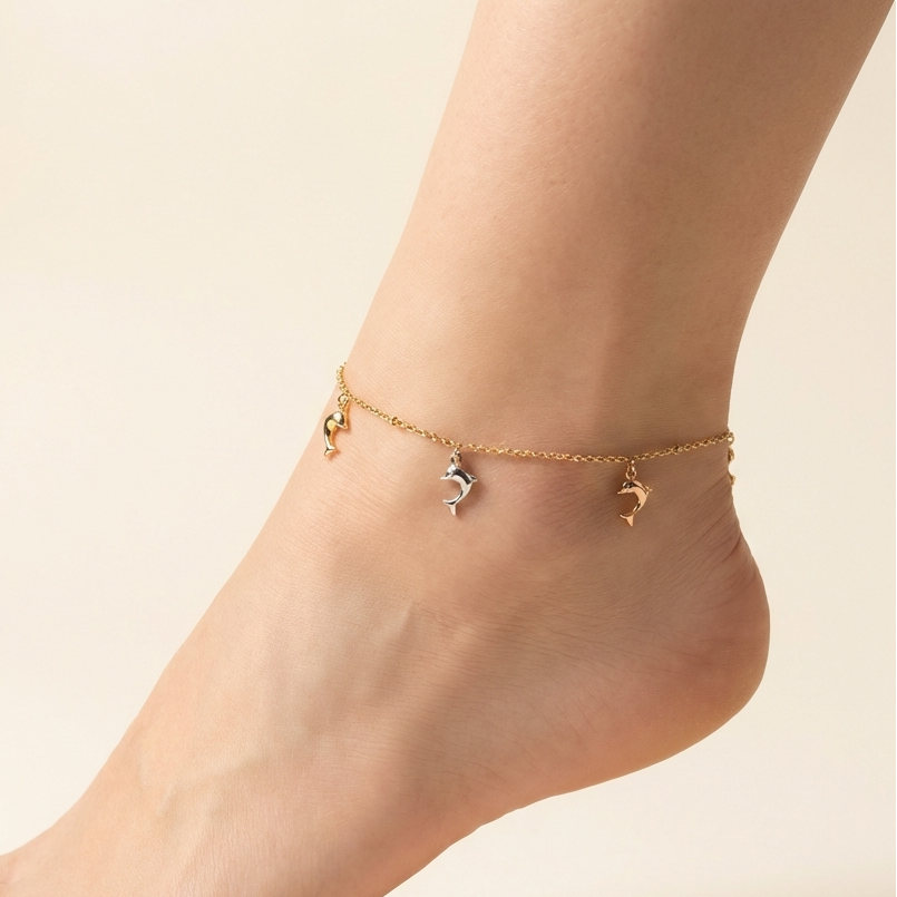 Tobillera de Oro 14k Diseño de Delfines Brillantes mod. 10544