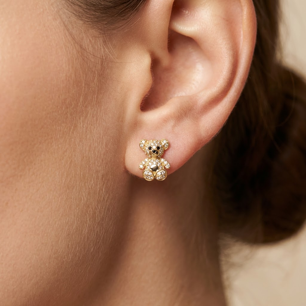 Arete de Oro 14k Osito Especial con Incrustación de Zirconias mod. 10642