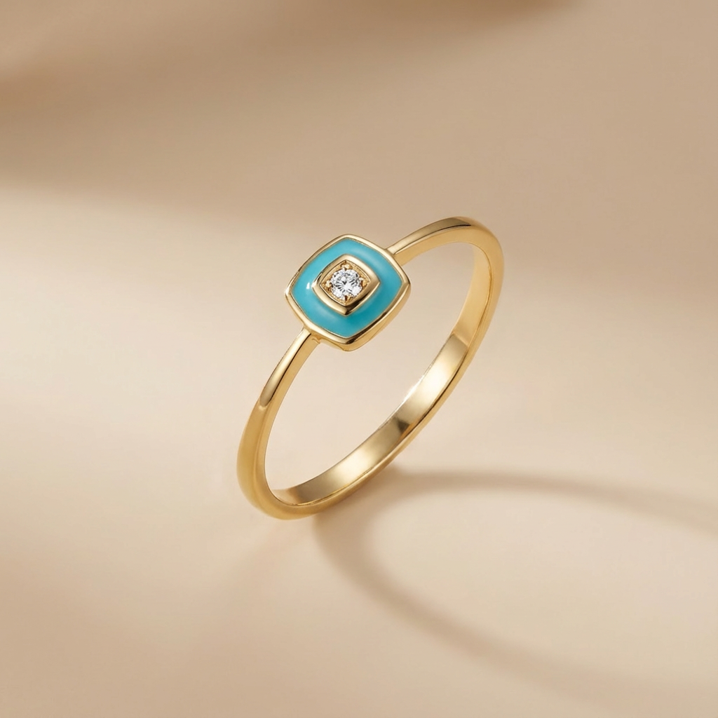 Anillo de Oro 14k Suerte Turquesa con Chispa de Zirconia mod. 10457