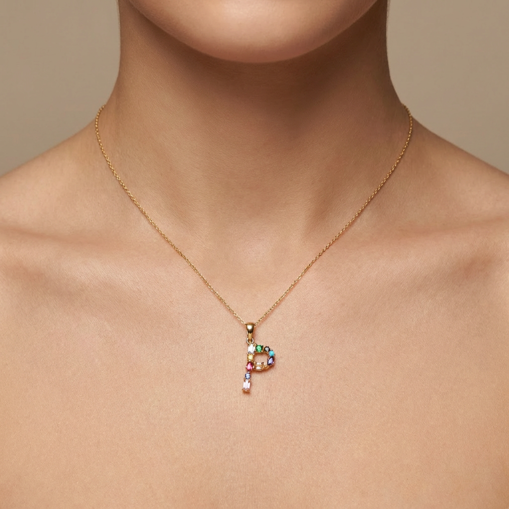 Dije de Oro 14k Modelo de Inicial P Incrustada con Zirconias de Colores mod. 10580