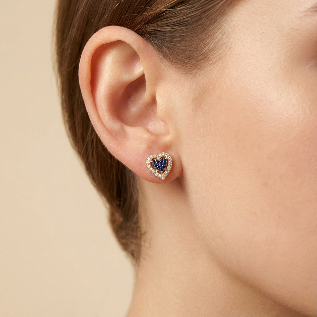 Arete de Oro 14k Corazón Color Azul con Incrustación de Zirconias Finas mod. 10436