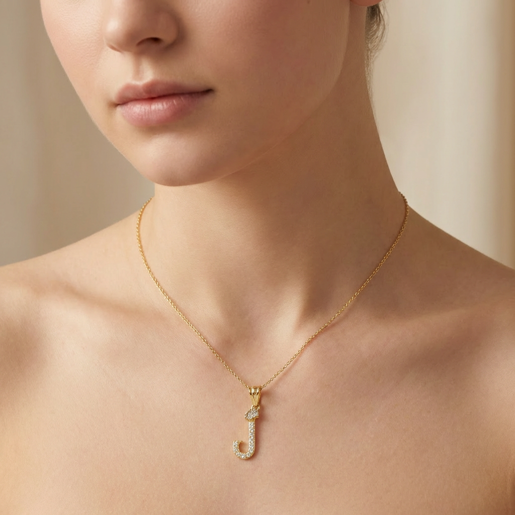 Dije de Oro 14k Modelo de Inicial J Diseñado con Corona e Incrustación de Zirconias mod. 10566